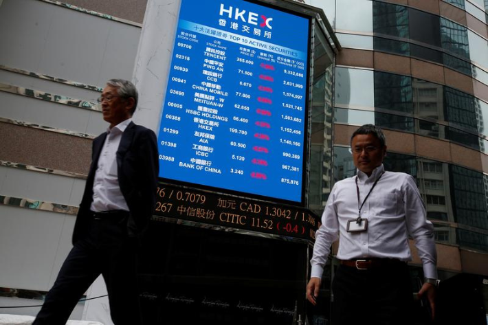 A panel outside the Hong Kong Exchanges displays top active securities during morning trading in Hong Kong, China