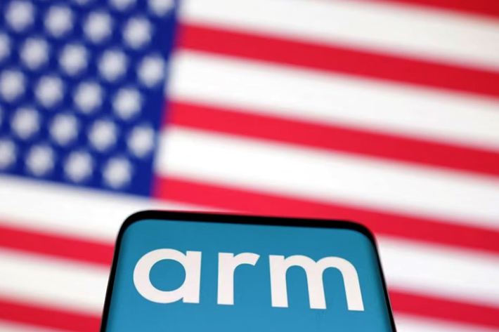 The Arm Ltd logo and a US flag are seen in this illustration