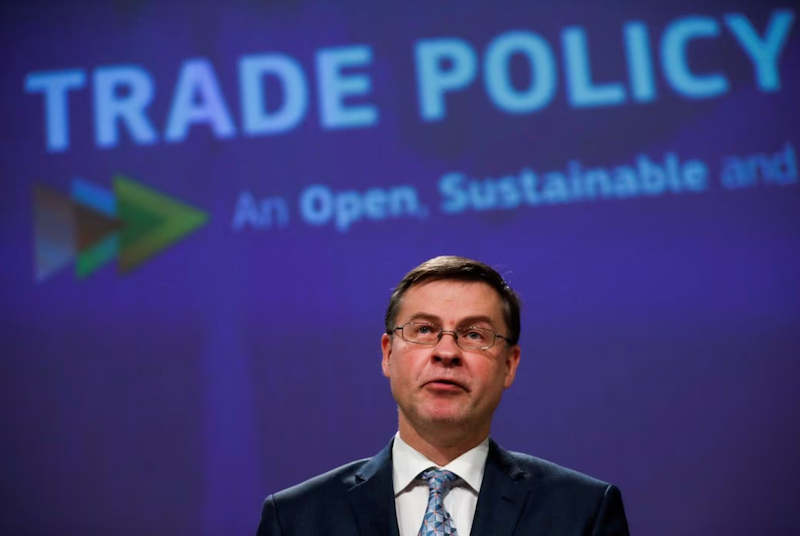 European Commissioner for An Economy that Works for the People, Valdis Dombrovskis, looks on during an online news conference on European trade policy at the European Commission headquarters in Brussels, Belgium February 18, 2021. Francisco Seco/Pool via REUTERS/File Photo Acquire Licensing Rights