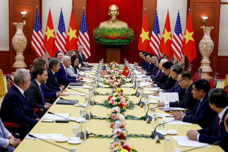 US President Joe Biden attends a meeting with Vietnam's Communist Party General Secretary Nguyen Phu Trong, at the Communist Party of Vietnam head office in Hanoi, on September 10, 2023. Photo: Reuters