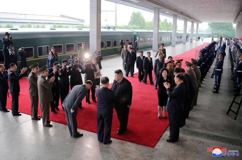 North Korean leader Kim Jong Un is welcomed at Khasan station, the main rail gateway to Russia's Far East from North Korea. He is expected to have arms talks with Vladimir Putin.