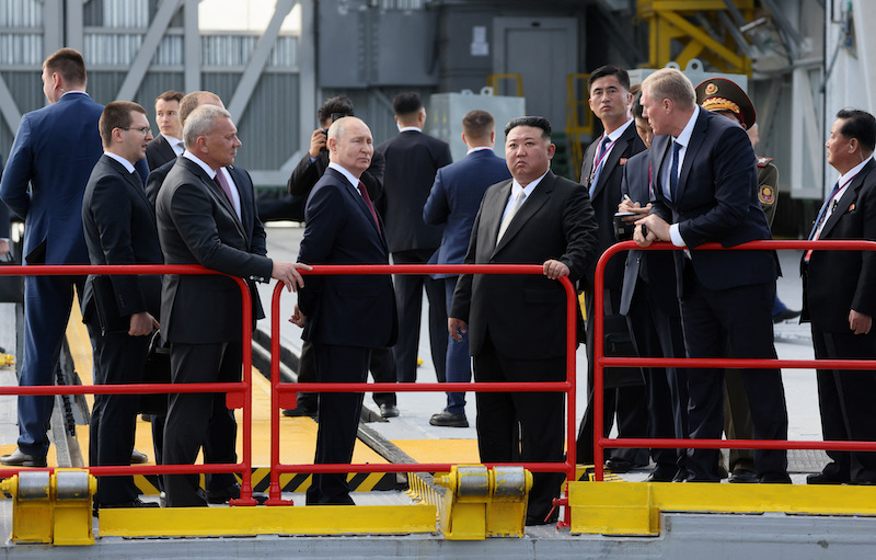 Russian President Vladimir Putin and North Korean leader Kim Jong Un visit the Vostochny Сosmodrome in Russia's far eastern Amur region, Sept 13, 2023.