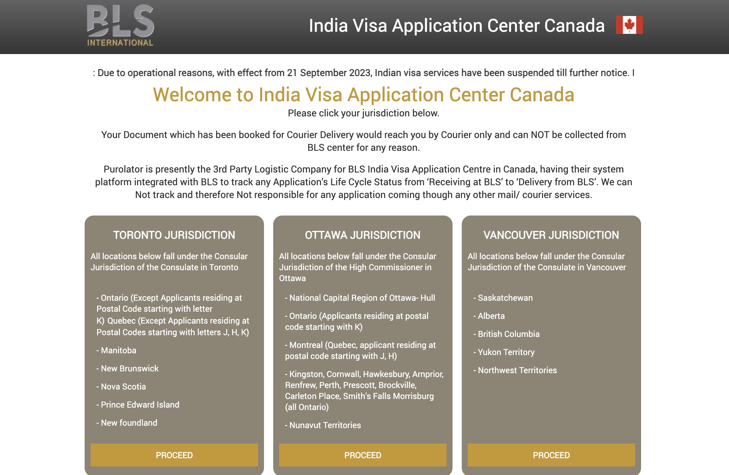 A screenshot of BLS international announcing India's suspension of visas for Canadians