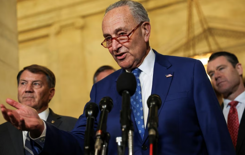 US Senate Majority Leader Chuck Schumer addresses a press conference during a break in a bipartisan Artificial Intelligence (AI) Insight Forum for all US senators at the US Capitol in Washington, US, on September 13, 2023. Photo: Reuters