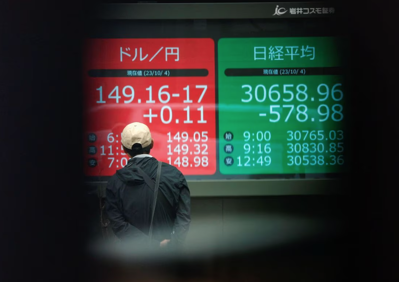 A man looks at an electric monitor displaying the Japanese yen exchange rate against the U.S. dollar and Nikkei share average outside a brokerage in Tokyo, Japan October 4, 2023. REUTERS/Issei Kato Acquire Licensing Rights