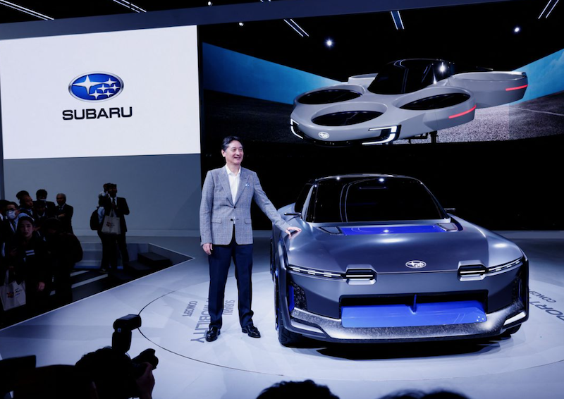 Representative Director, President and CEO at Subaru Atsushi Osaki unveils the Sport Mobility Concept and Air Mobility Concept vehicles during a press day of the Japan Mobility Show 2023 at Tokyo Big Sight in Tokyo, Japan October 25, 2023. REUTERS/Issei Kato Acquire Licensing Rights
