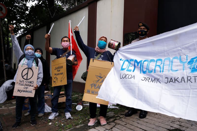 Protesters in Jakarta oppose weapons being sent to the Myanmar military by Indonesian weapons suppliers.