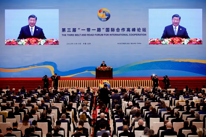 Chinese President Xi Jinping speaks at the opening ceremony of the Belt and Road Forum (BRF) to mark the 10th anniversary of the Belt and Road Initiative at the Great Hall of the People in Beijing