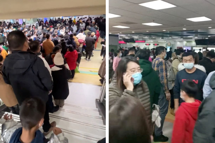 Screengrabs from a handout video showing the overcrowded second floor of the Beijing Children's Hospital, Xicheng district, Beijing, China