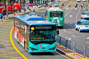 BYD electric bus on the roads near the train station in Shenzhen, China