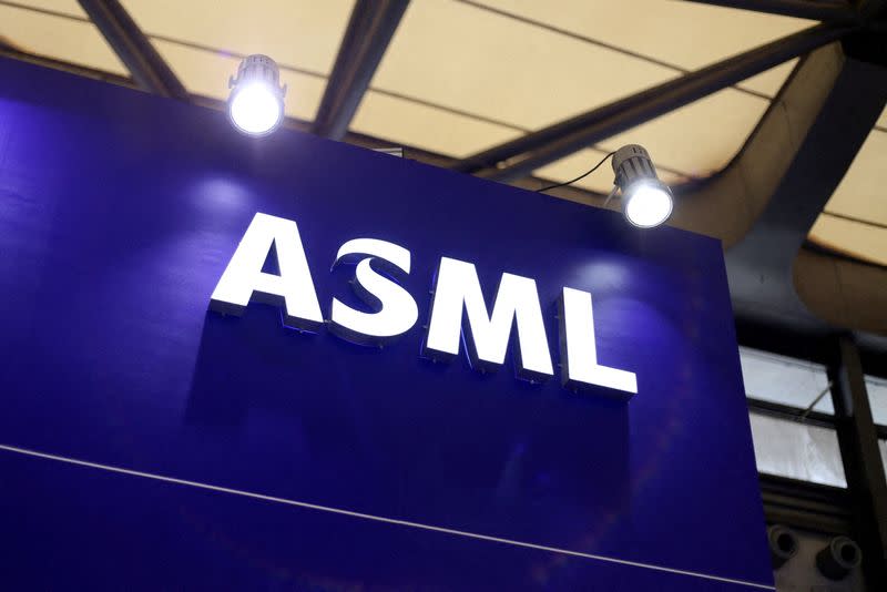 The logo of chip equipment maker ASML is seen at its booth at Semicon China in Shanghai