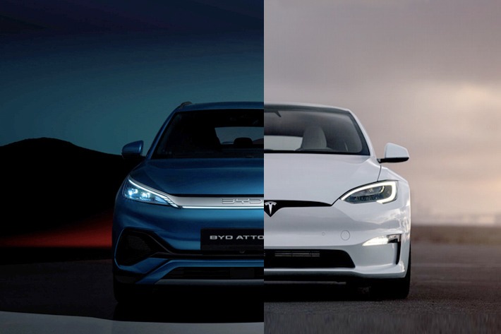 BYD Atto 3 (left) and Tesla Model S (right)