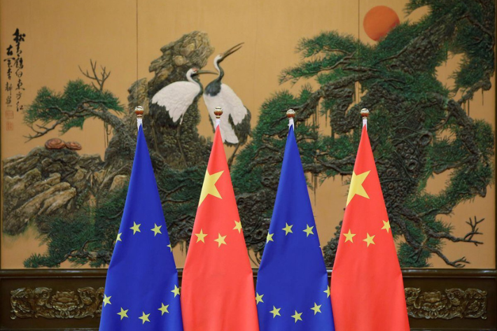 Flags of European Union and China are pictured during the China-EU summit at the Great Hall of the People in Beijing, China