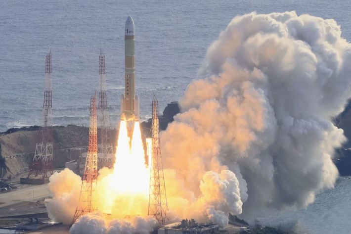 An aerial view shows a second test model of H3 rocket lift off from the launching pad at Tanegashima Space Center on the southwestern island of Tanegashima, Kagoshima Prefecture, Japan