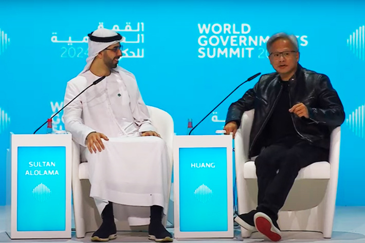 Nvidia CEO Jensen Huang speaks with UAE’s Minister of State for Artificial Intelligence Omar Al Olama at the World Government Summit in Dubai, UAE