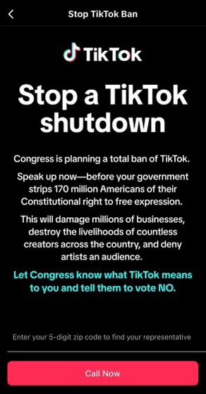A notification sent out by TikTok to US users asking them to call their representatives against banning the app