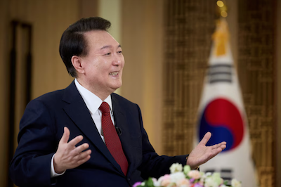 South Korean President Yoon Suk Yeol speaks during an interview with KBS at the Presidential Office in Seoul, South Korea, February 4, 2024. The Presidential Office/Handout via REUTERS/File Photo Purchase Licensing Rights