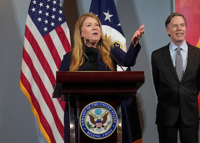 Under Secretary of Commerce and Director of the US Patent and Trademark Office, Kathi Vidal, and US Ambassador to China Nicholas Burns in Beijing, China, on April 16, 2024. Photo: Reuters