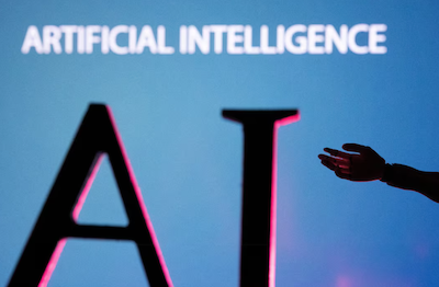 AI (Artificial Intelligence) letters and robot hand miniature in this illustration