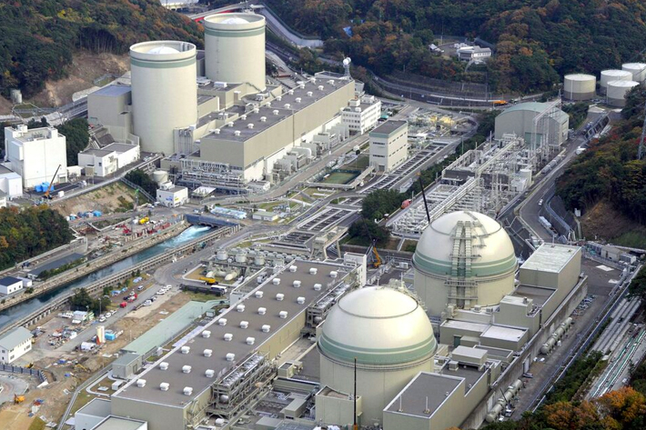 An aerial view shows No. 4 (front L), No. 3 (front R), No. 2 (rear L) and No. 1 reactor buildings at Kansai Electric Power Co.'s Takahama nuclear power plant in Takahama town, Fukui prefecture, in this photo taken by Kyodo.