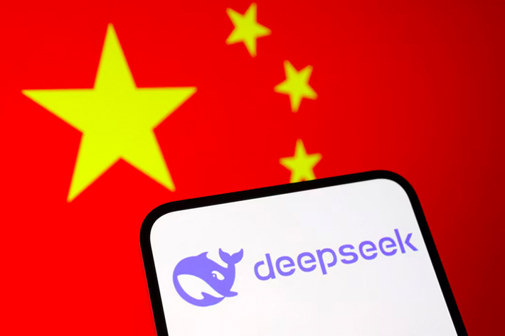 Deepseek logo and the Chinese flag are seen in this illustration.