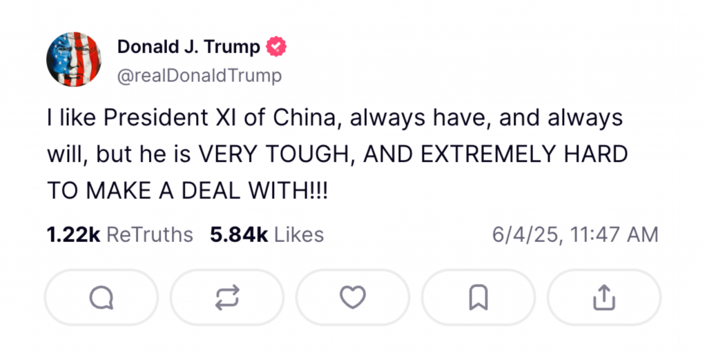 US President wrote on Truth Social that Chinese President Xi Jinping was 